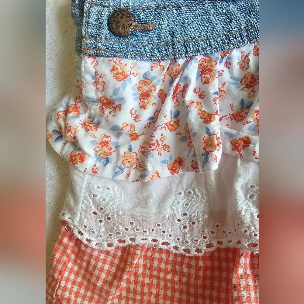 OshKosh B'gosh Blue and Orange Denim Overall Dress 6 Months Like NEW